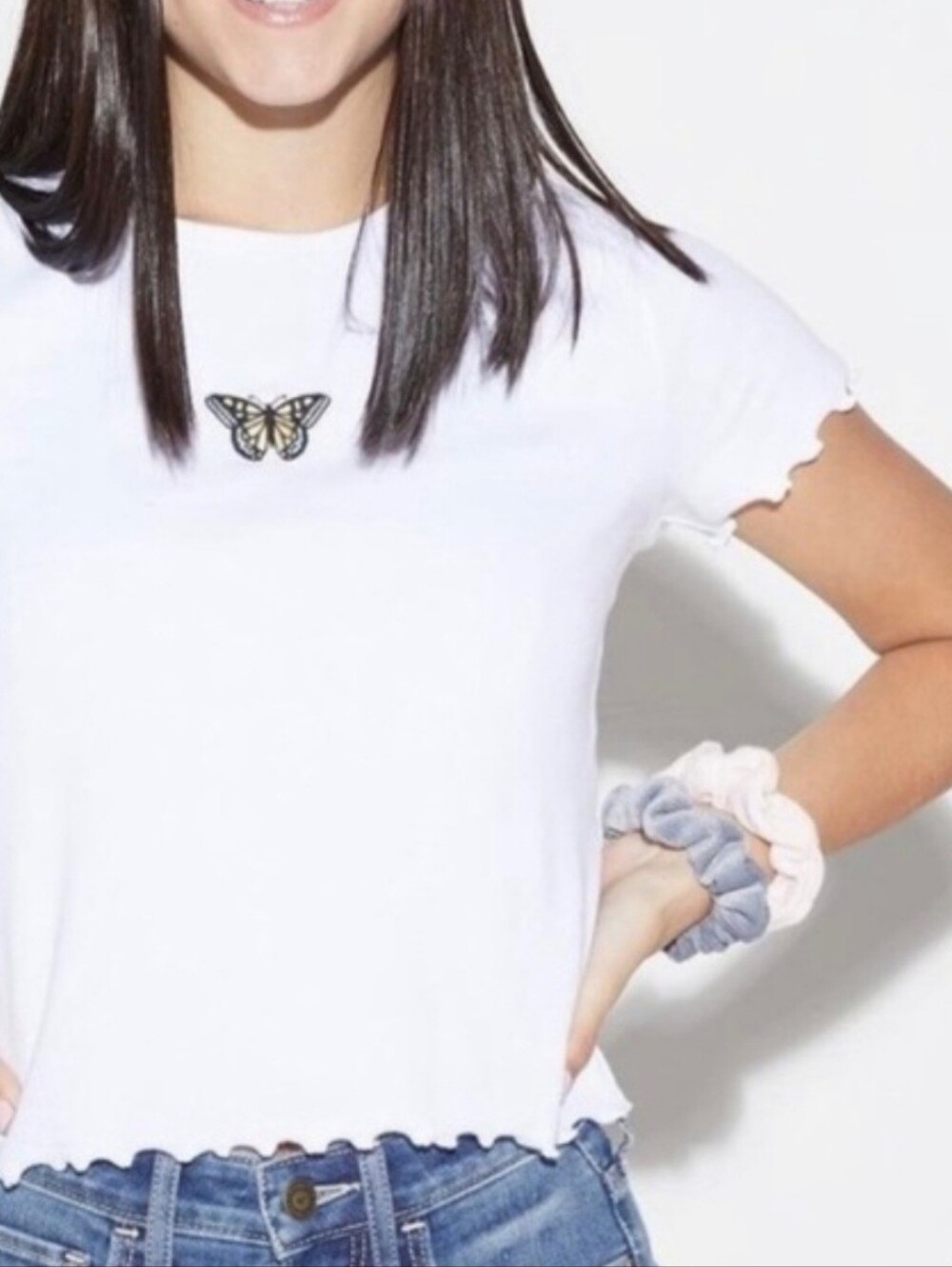 Hollister White Butterfly Appliqué Ribbed Tee